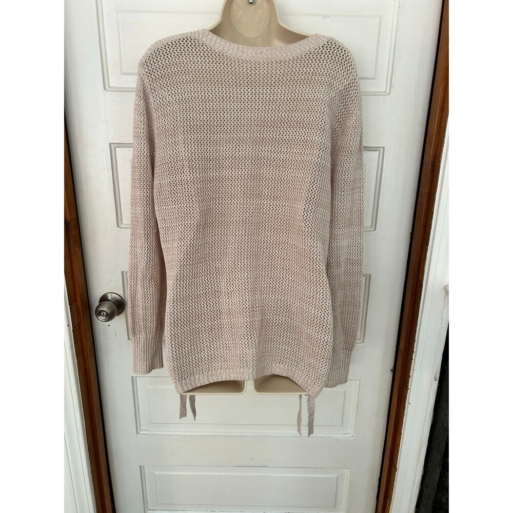 Lysse Fish Net Long Sweater with Side Ties Beige Beachy Oversized Small XC - Picture 3 of 11